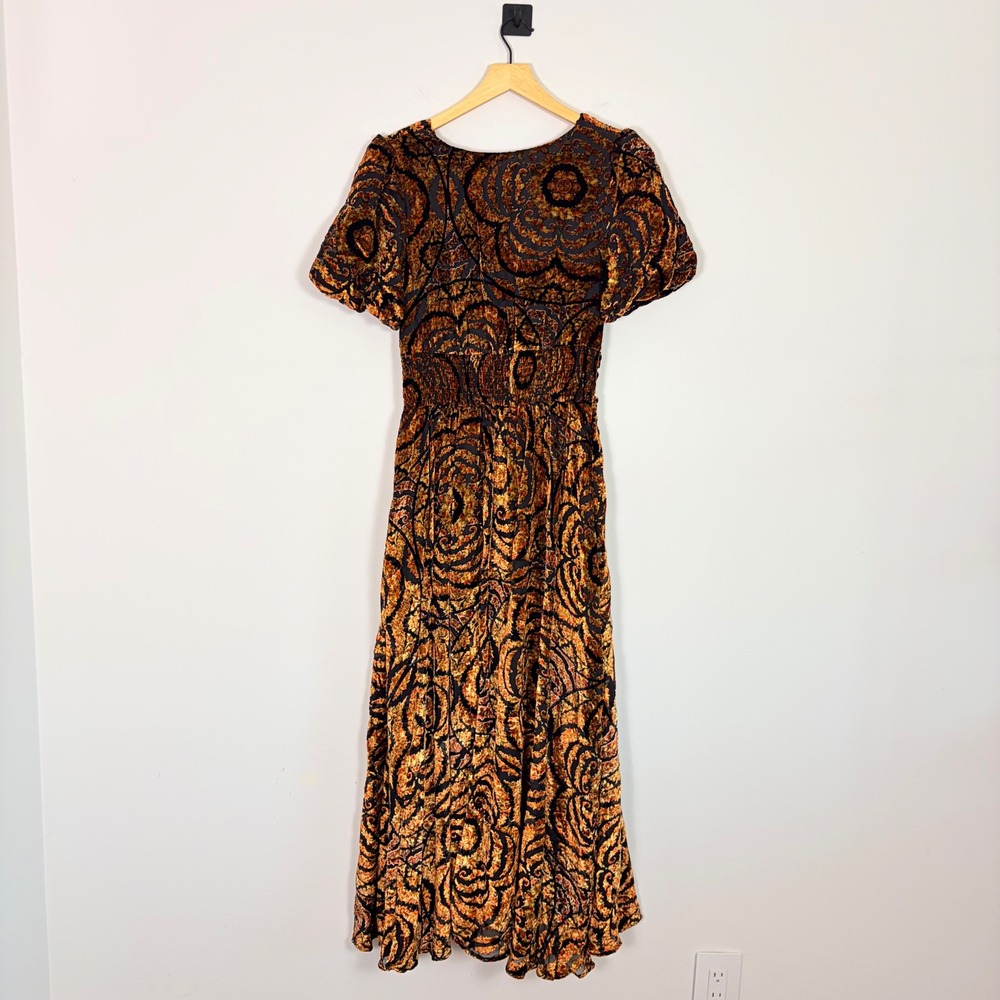 Anthropologie Catalina Burnout Velvet Dress Black Gold Paisley V-Neck Maxi Sz 4 - Picture 10 of 13